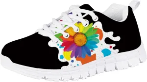 Forchrinse Tropical Hibiscus Palm Print Girls Sneakers Lace up Non Slip Running Walking Shoes Lightweight Athletic Shoes for School Travel
