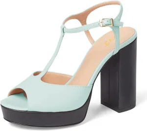 FOWT Women Peep Toe T-Strap Buckled Platform Sandals Chunky High Heel Fashion Party Club Shoes Size 4-16 US