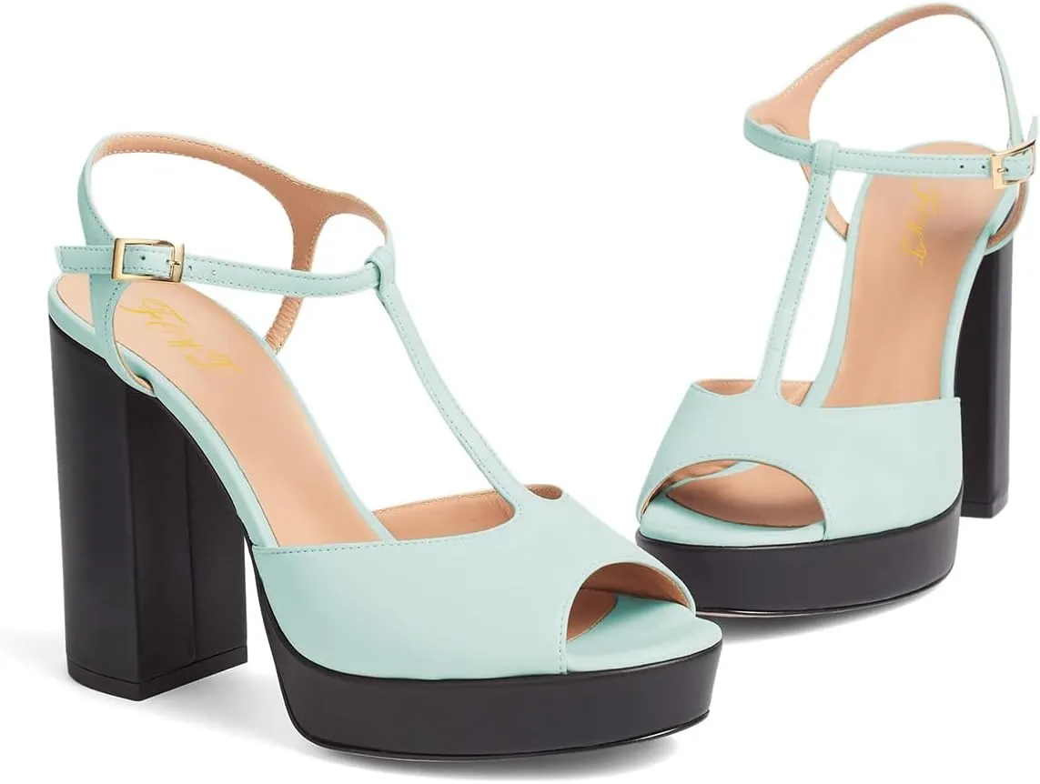 FOWT Women Peep Toe T-Strap Buckled Platform Sandals Chunky High Heel Fashion Party Club Shoes Size 4-16 US