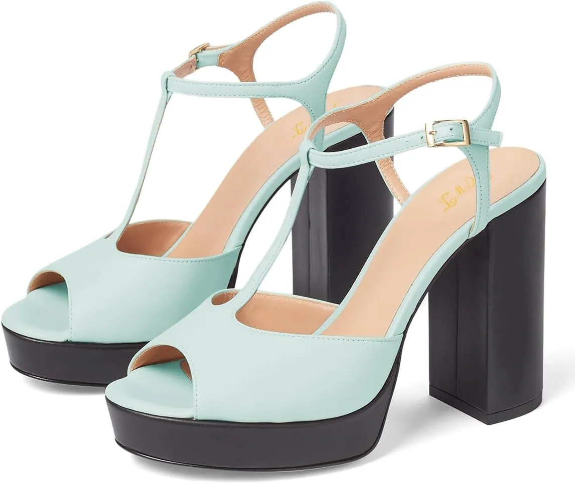 FOWT Women Peep Toe T-Strap Buckled Platform Sandals Chunky High Heel Fashion Party Club Shoes Size 4-16 US