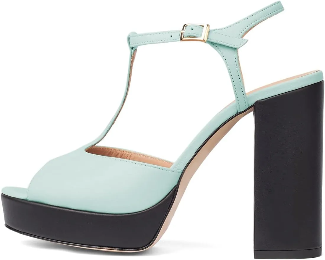 FOWT Women Peep Toe T-Strap Buckled Platform Sandals Chunky High Heel Fashion Party Club Shoes Size 4-16 US