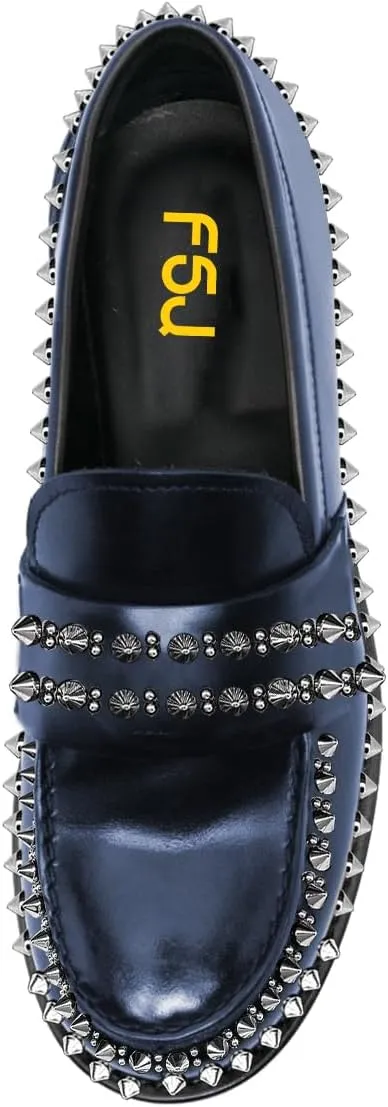 FSJ Women Unique Round Toe Studded Rivets Loafers Slip On Block Low Heel Ladies Casual Walking Daily Shoes Size 4-16 US