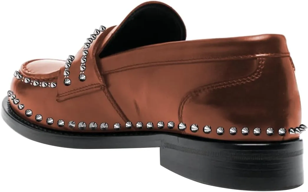 FSJ Women Unique Round Toe Studded Rivets Loafers Slip On Block Low Heel Ladies Casual Walking Daily Shoes Size 4-16 US