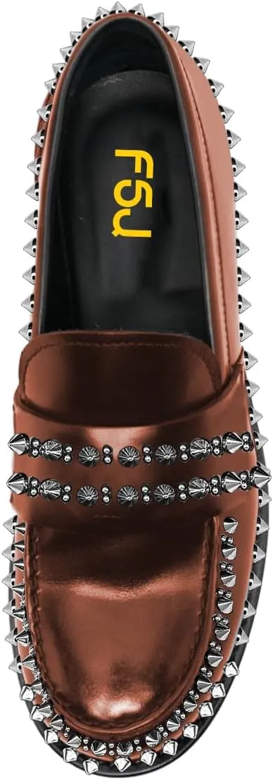 FSJ Women Unique Round Toe Studded Rivets Loafers Slip On Block Low Heel Ladies Casual Walking Daily Shoes Size 4-16 US