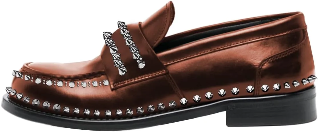 FSJ Women Unique Round Toe Studded Rivets Loafers Slip On Block Low Heel Ladies Casual Walking Daily Shoes Size 4-16 US