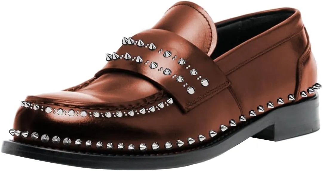 FSJ Women Unique Round Toe Studded Rivets Loafers Slip On Block Low Heel Ladies Casual Walking Daily Shoes Size 4-16 US