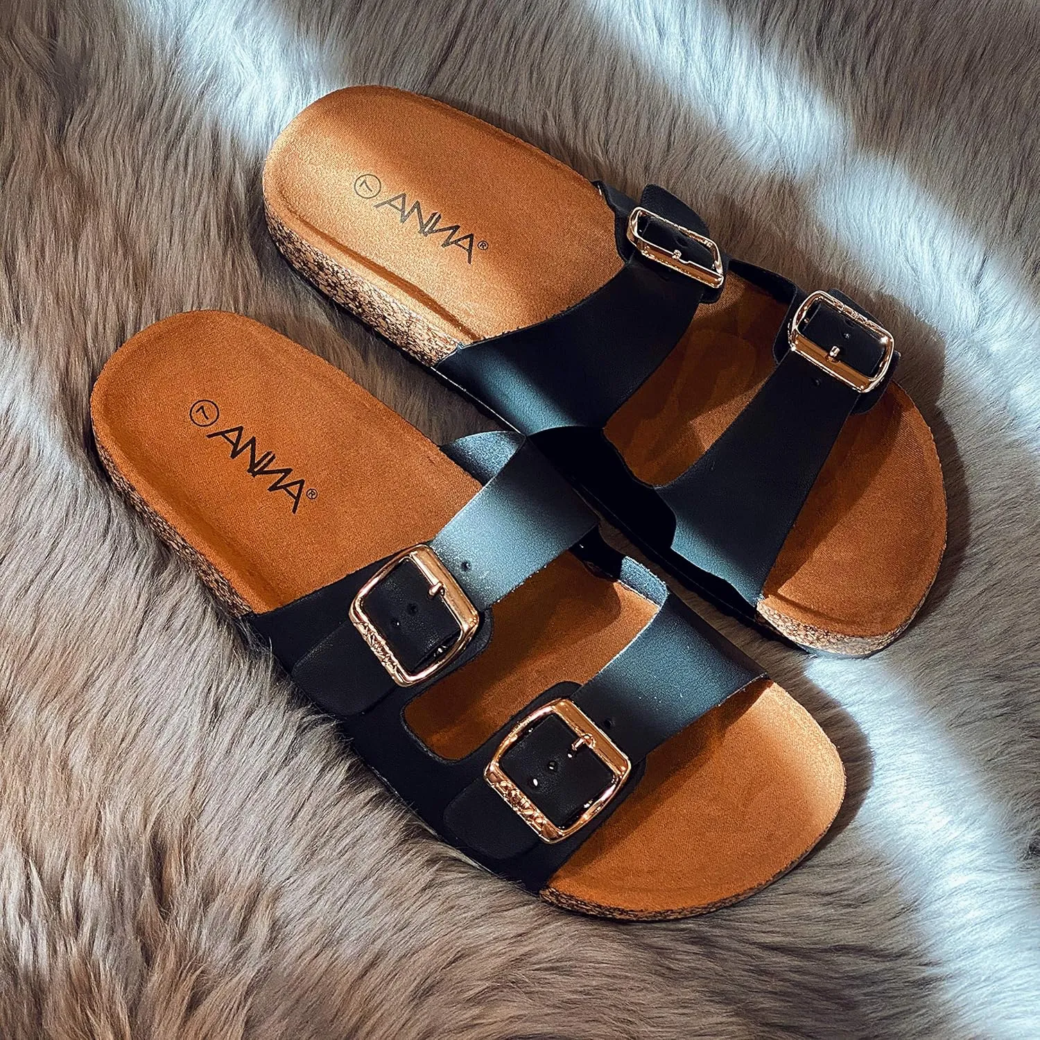 Glory Women's Slide Sandals Cork Footbed Double Buckle