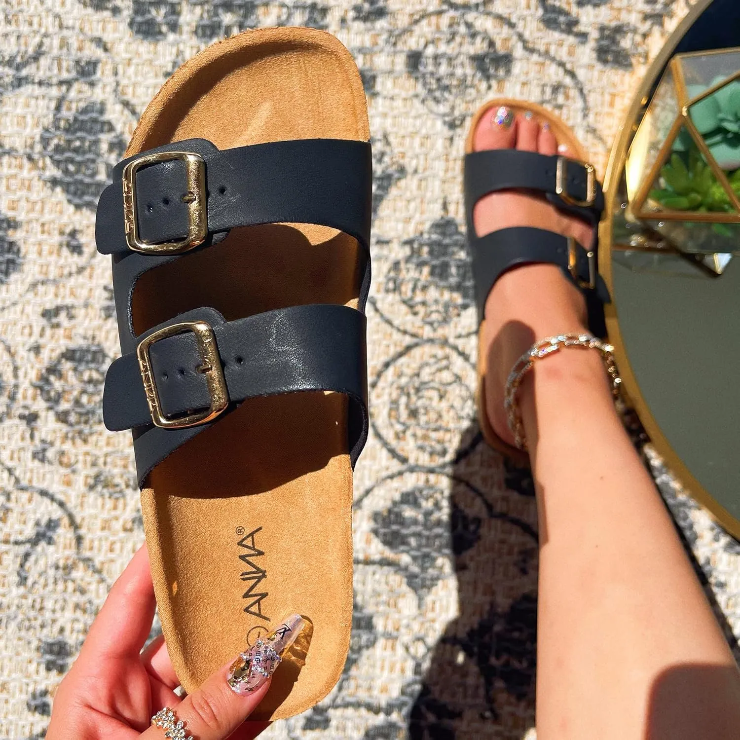 Glory Women's Slide Sandals Cork Footbed Double Buckle