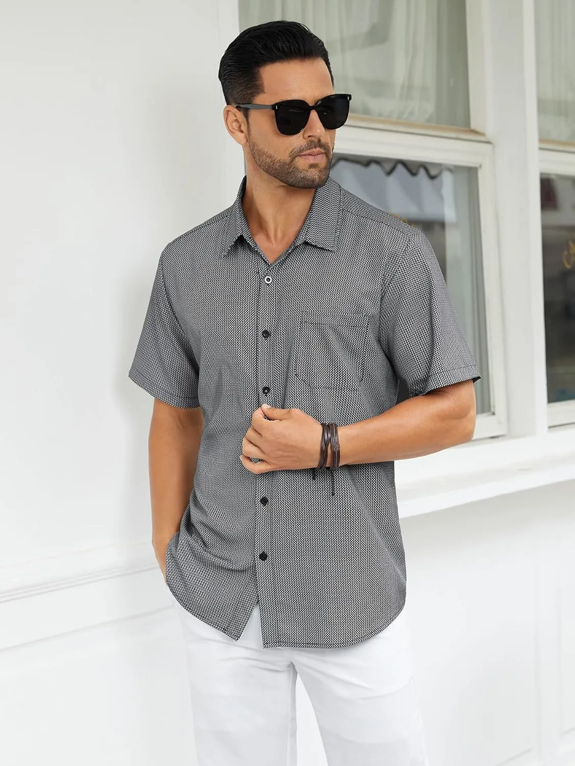 Hardaddy Men's Pattern Short Sleeve Button Down Graphic Printed Business Casual Dress Shirts with Pocket