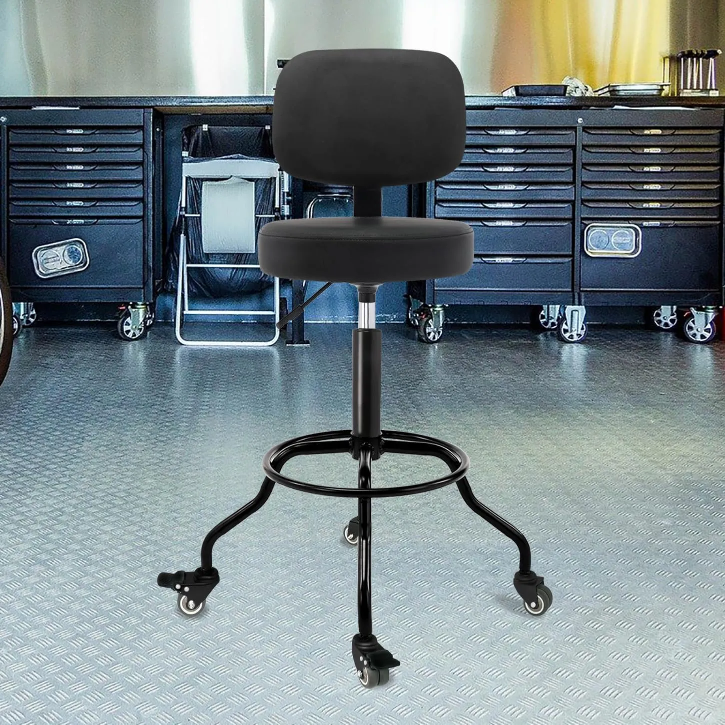 Heavy Duty Shop Stool with Ergonomic Backrest - Lockable Rubber Wheels & Adjustable Height, 360° Swivel, High Footrest for Garage Workshop Workbench, 350lbs Capacity (Black, 26"-31"')