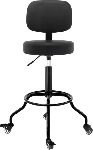Heavy Duty Shop Stool with Ergonomic Backrest - Lockable Rubber Wheels & Adjustable Height, 360° Swivel, High Footrest for Garage Workshop Workbench, 350lbs Capacity (Black, 26"-31"')