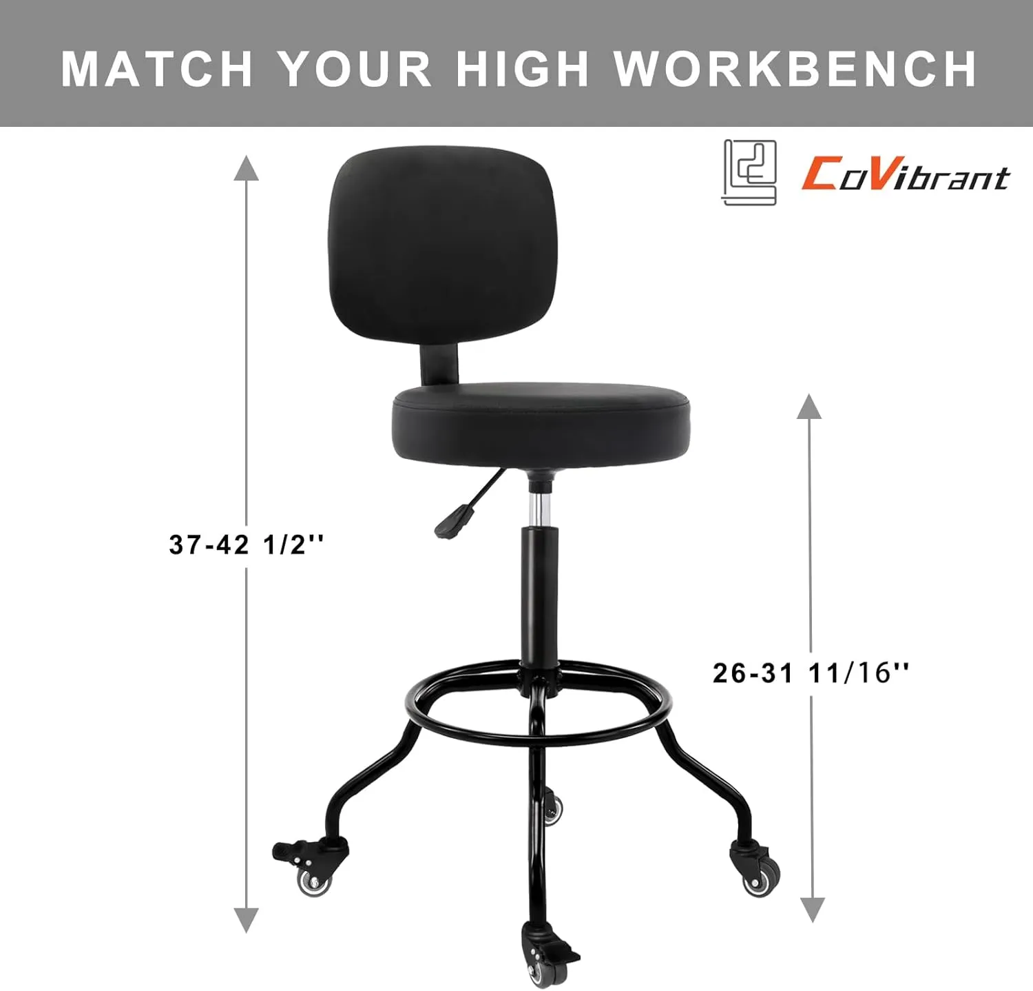 Heavy Duty Shop Stool with Ergonomic Backrest - Lockable Rubber Wheels & Adjustable Height, 360° Swivel, High Footrest for Garage Workshop Workbench, 350lbs Capacity (Black, 26"-31"')