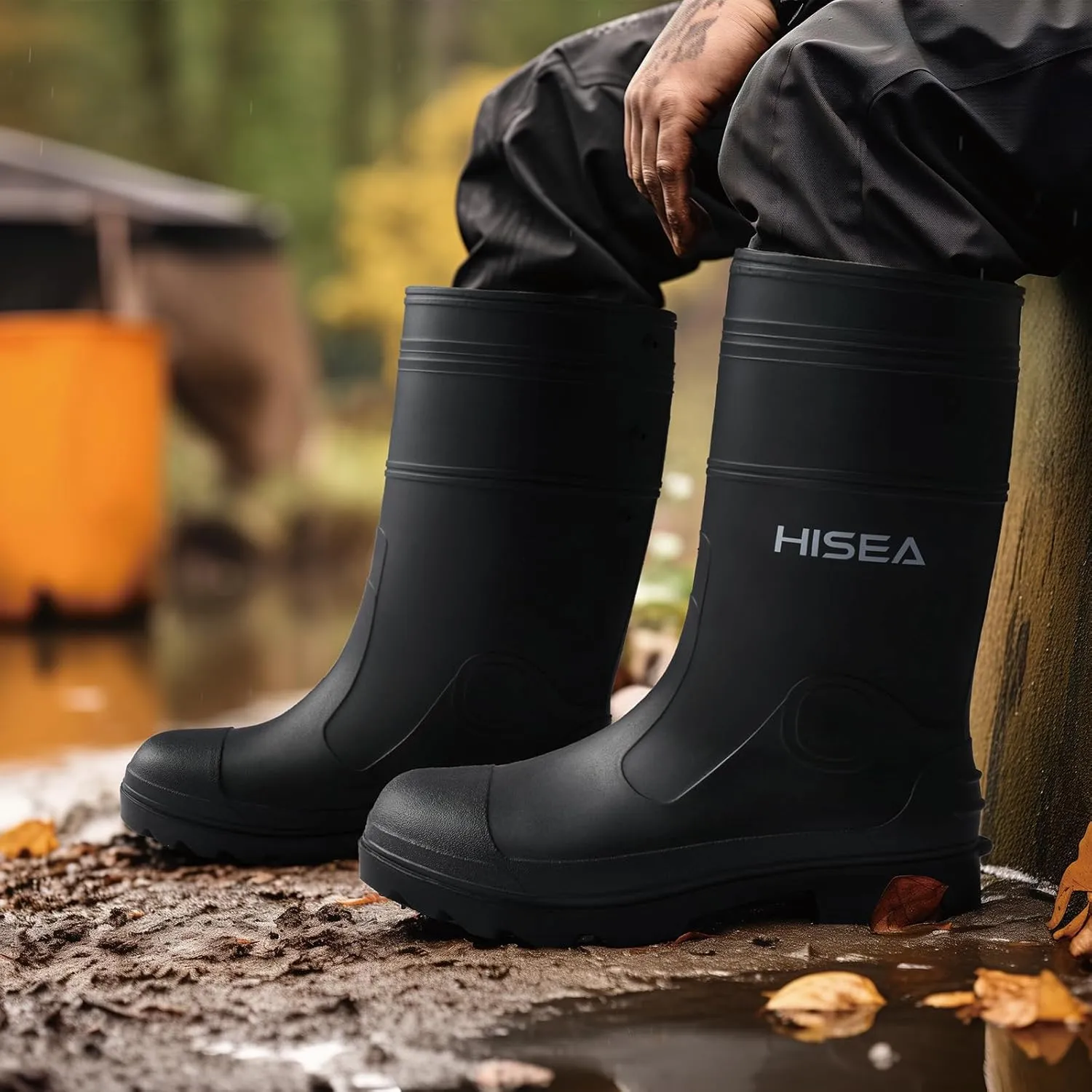 HISEA Men's Rain Boots PVC Rubber Boots with Steel Shank Waterproof Garden Fishing Outdoor Work Boots Durable Slip Resistant Mud Rainboots for Agriculture and Industrial Working