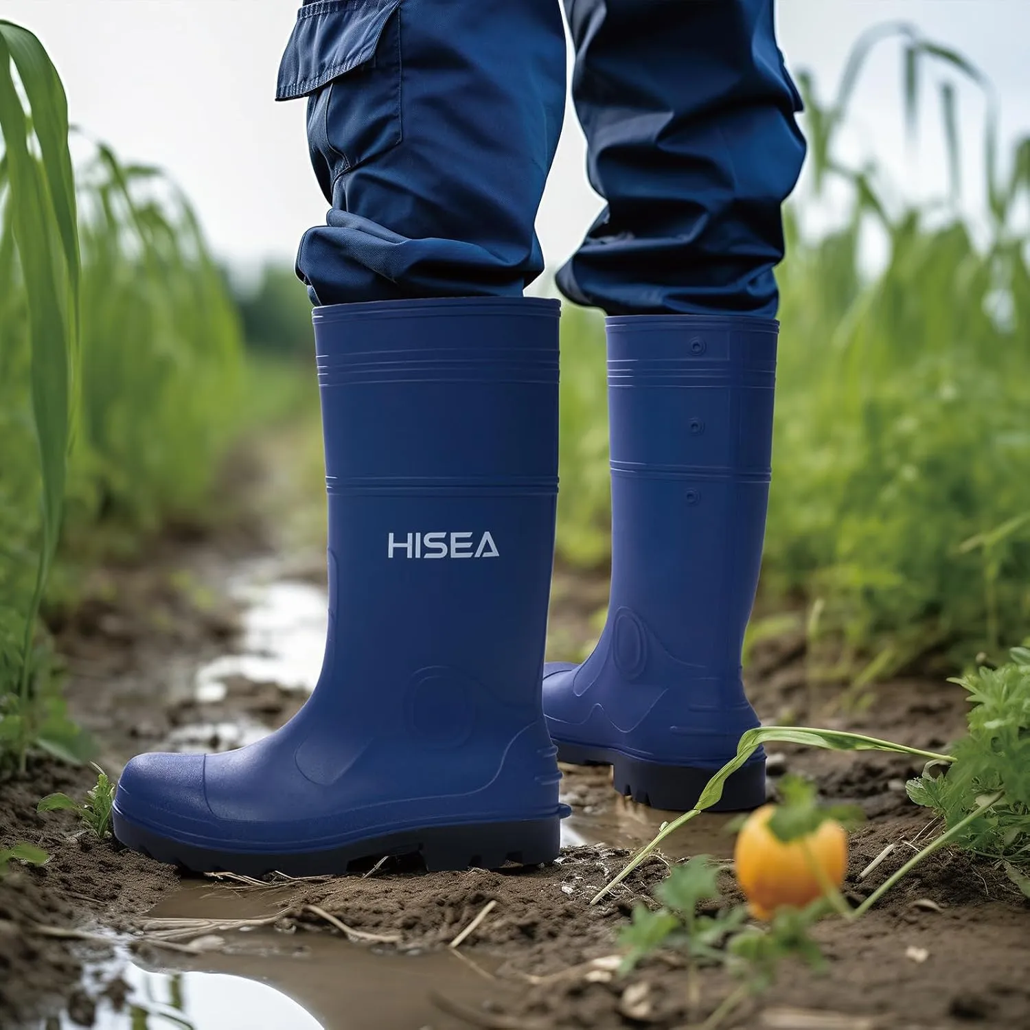 HISEA Men's Rain Boots PVC Rubber Boots with Steel Shank Waterproof Garden Fishing Outdoor Work Boots Durable Slip Resistant Mud Rainboots for Agriculture and Industrial Working