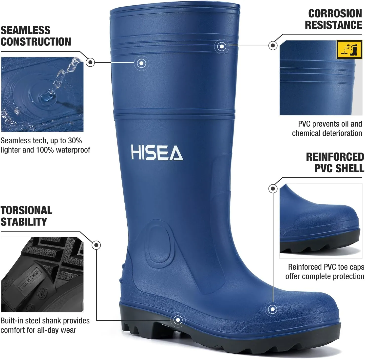 HISEA Men's Rain Boots PVC Rubber Boots with Steel Shank Waterproof Garden Fishing Outdoor Work Boots Durable Slip Resistant Mud Rainboots for Agriculture and Industrial Working