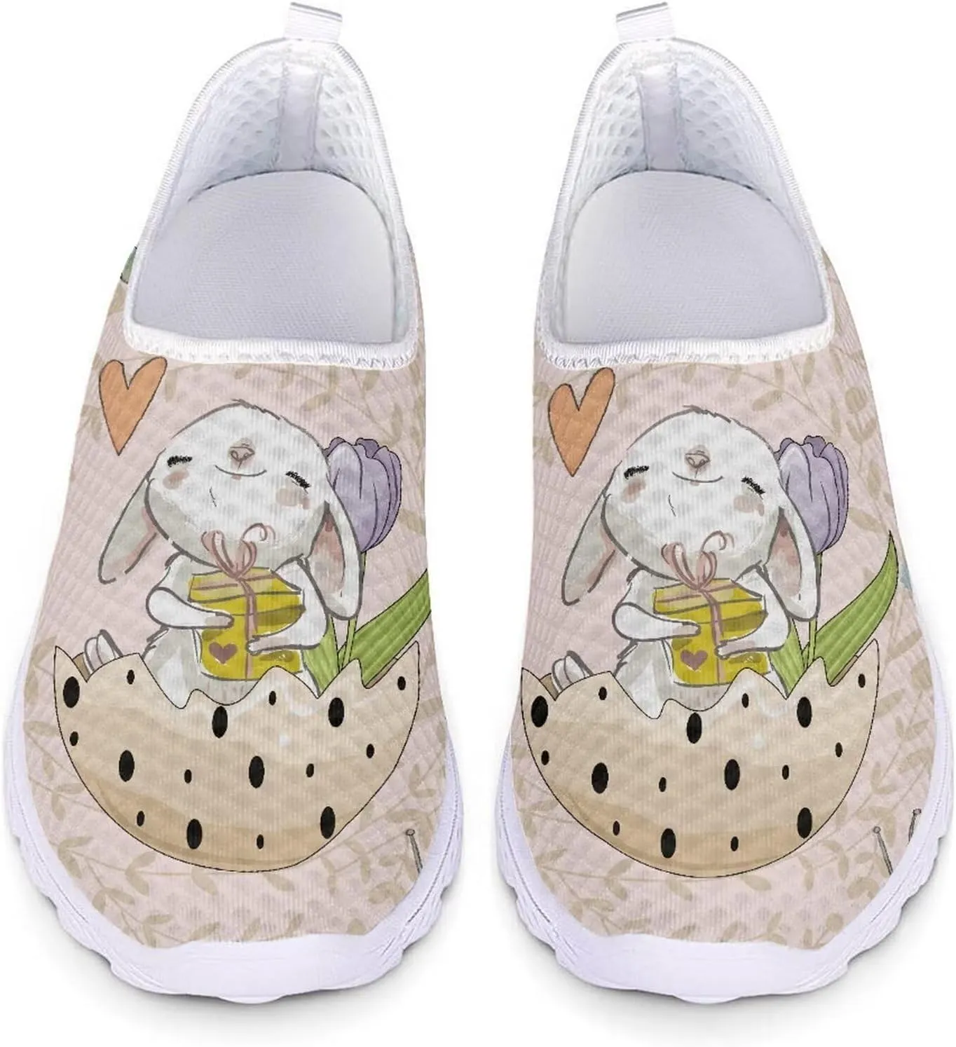 HUIACONG Easter Rabbit Egg Flat for Womens Slip On Tennis Shoes Beige Lightweight Casual Running Sneakers for Ladies Teen Girls Gym Workout Shoes Size 13.5 Comfortable Walking Shoes