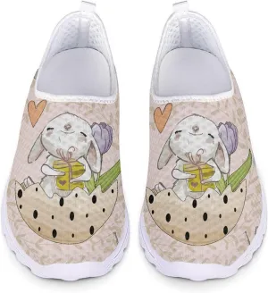 HUIACONG Easter Rabbit Egg Flat for Womens Slip On Tennis Shoes Beige Lightweight Casual Running Sneakers for Ladies Teen Girls Gym Workout Shoes Size 13.5 Comfortable Walking Shoes