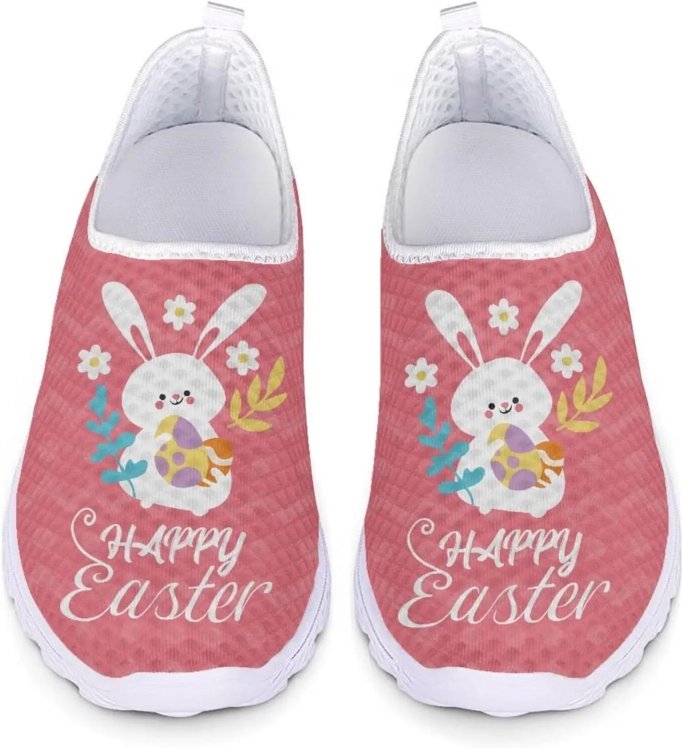 HUIACONG Happy Easter Womens Slip On Sneaker Easter Rabbit Egg Running Shoes for Teen Girls Casual Walking Trainers Size 13.5 Breathable Lightweight Tennis Shoes Footwear Pink