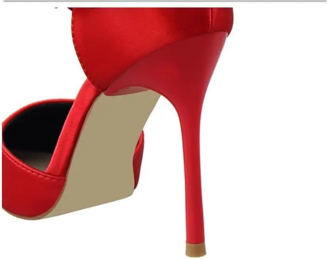 Korean version of sweet beauty shoes with thin heels, high heels, shallow mouth, pointed silk, hollow back bow, and sandals