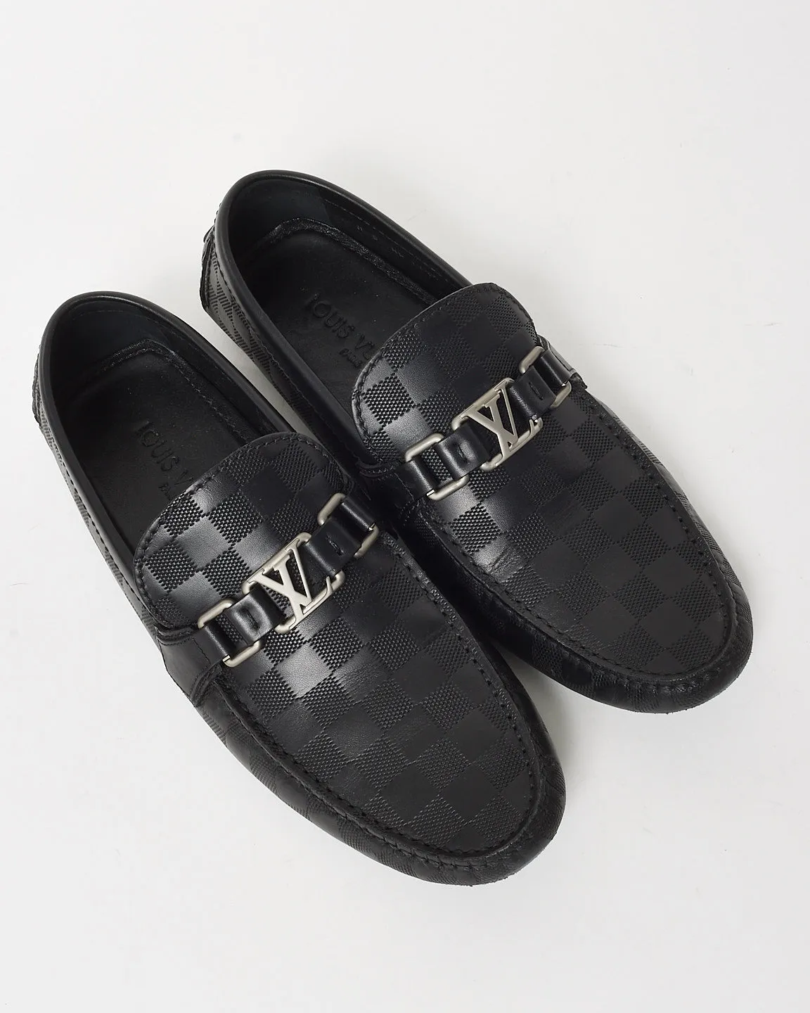 Louis Vuitton Men's Black Damier Embossed Leather Logo Hockenheim Loafers - 8 MEN