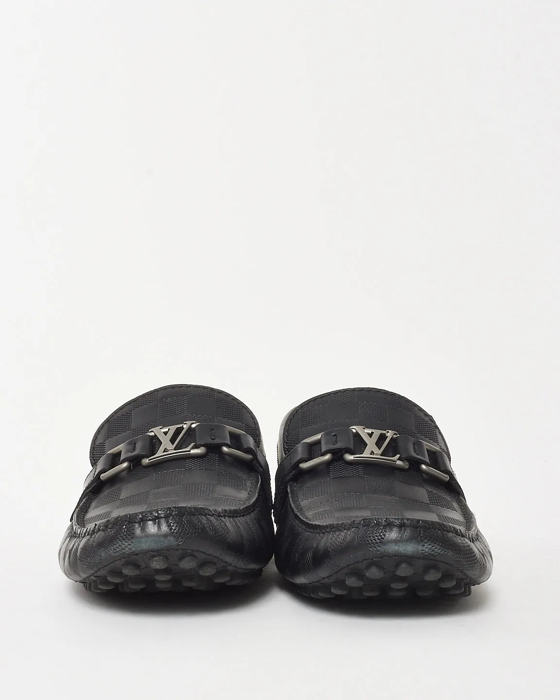 Louis Vuitton Men's Black Damier Embossed Leather Logo Hockenheim Loafers - 8 MEN