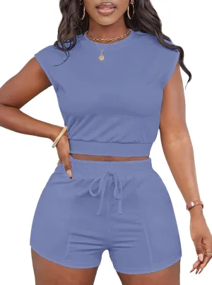 LovelyWholesale Short Sets for Women 2 Piece Summer Sets Cap Sleeve Crop Tops and Shorts Tracksuits Sets
