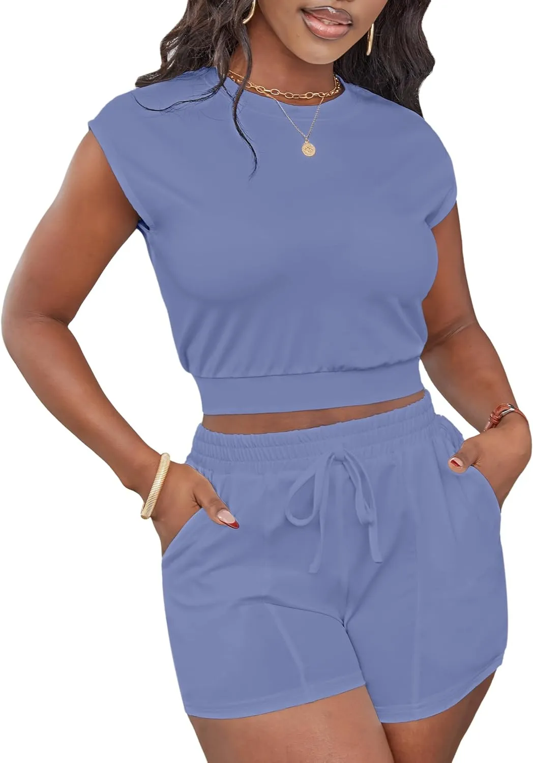 LovelyWholesale Short Sets for Women 2 Piece Summer Sets Cap Sleeve Crop Tops and Shorts Tracksuits Sets