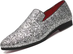 Men Smoking Sequins Slip-On Oxfords Loafers,Fashion Pointed Casual Glitter Tuxedo Suit Dress Prom Shoes
