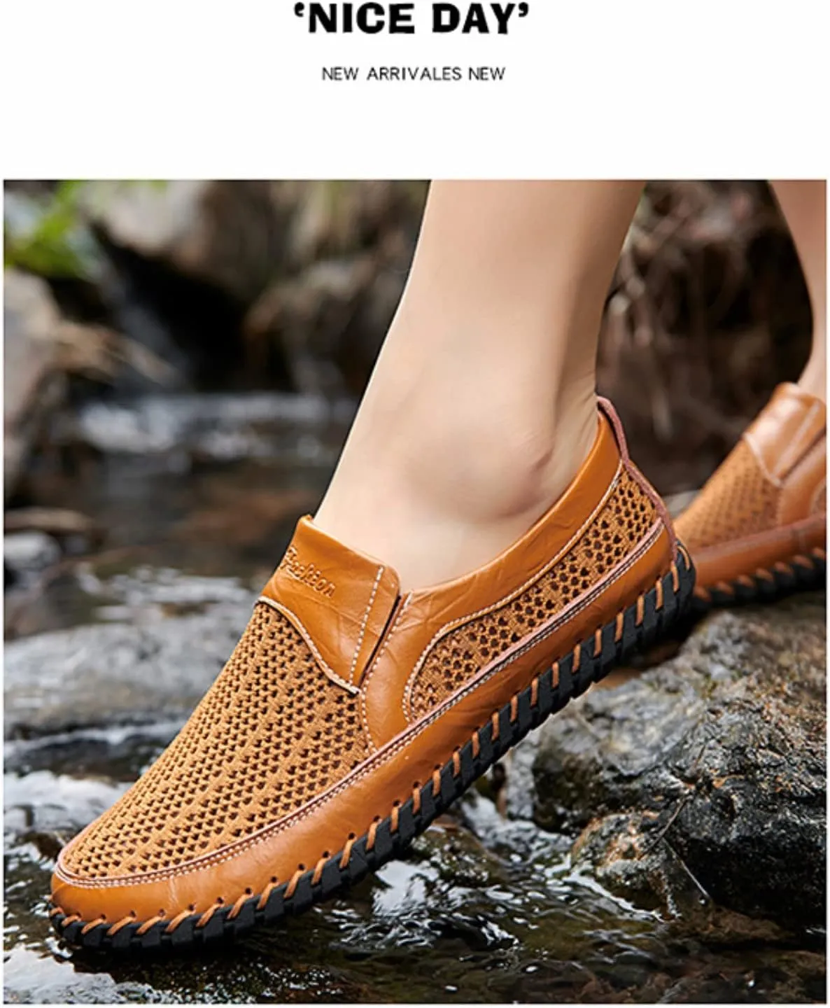 Men's Breathable Hollow Handmade Loafers,Leather Breathable Mesh Fashion Slip-On Boat Shoes,Business Formal Casual Loafers.