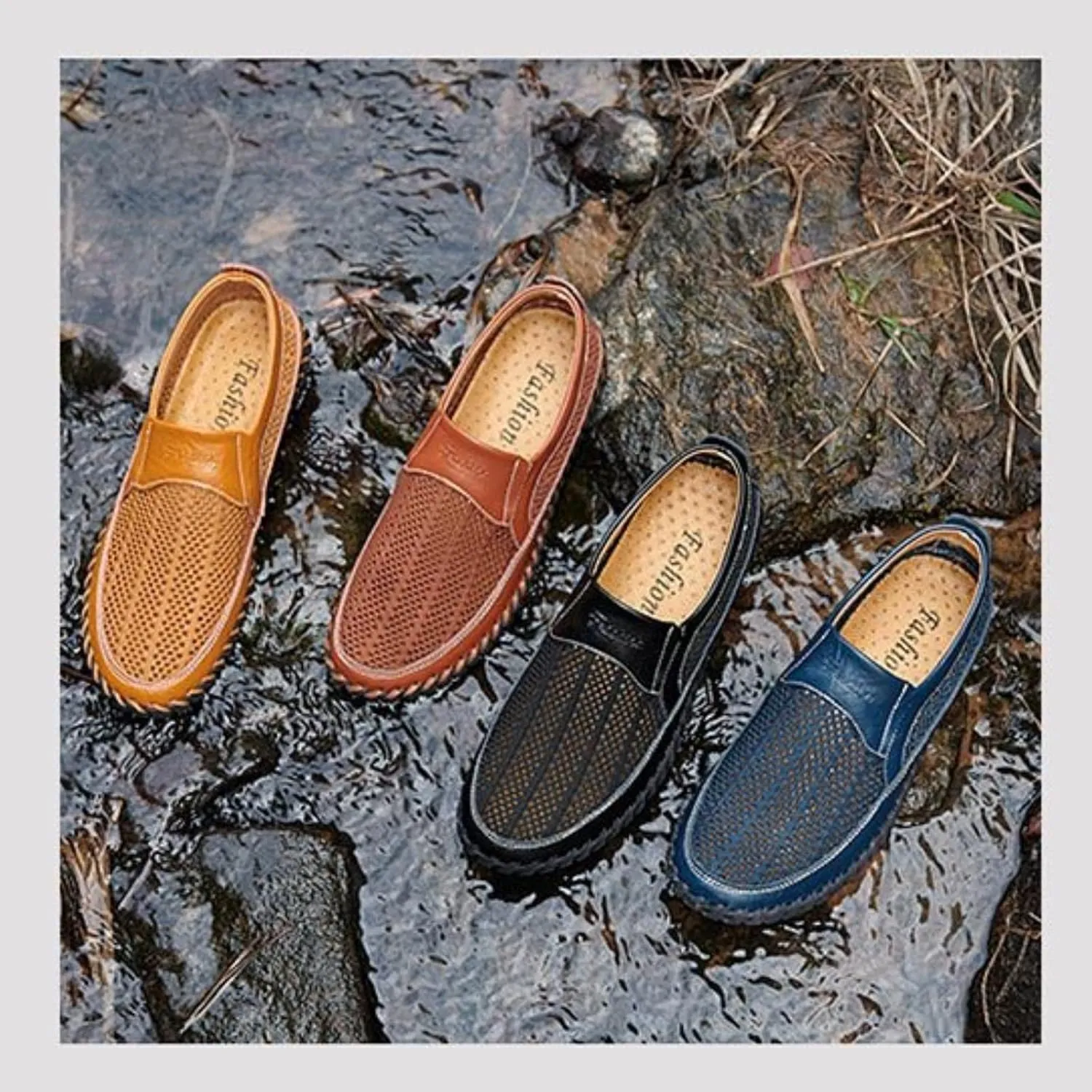 Men's Breathable Hollow Handmade Loafers,Leather Breathable Mesh Fashion Slip-On Boat Shoes,Business Formal Casual Loafers.