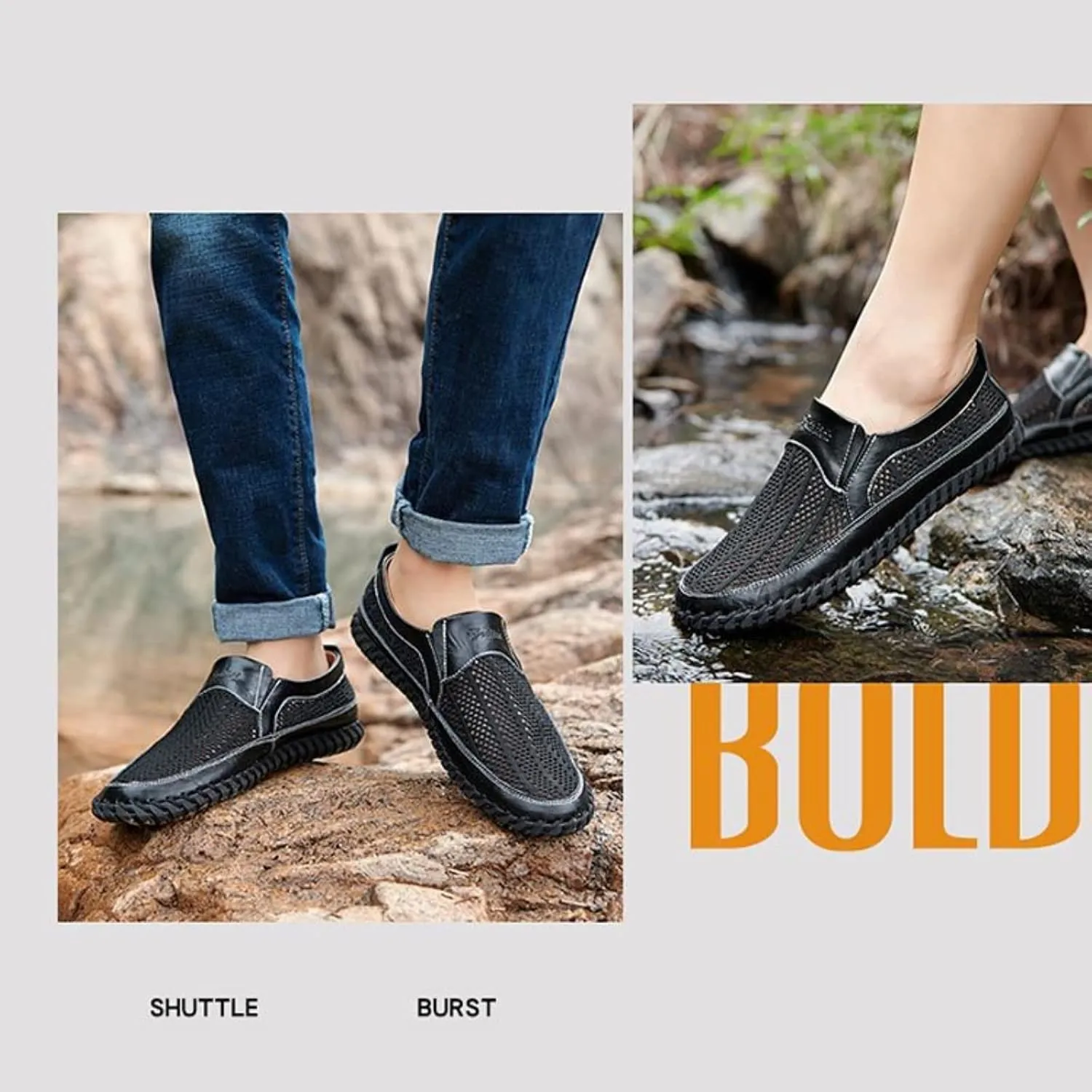 Men's Breathable Hollow Handmade Loafers,Leather Breathable Mesh Fashion Slip-On Boat Shoes,Business Formal Casual Loafers.