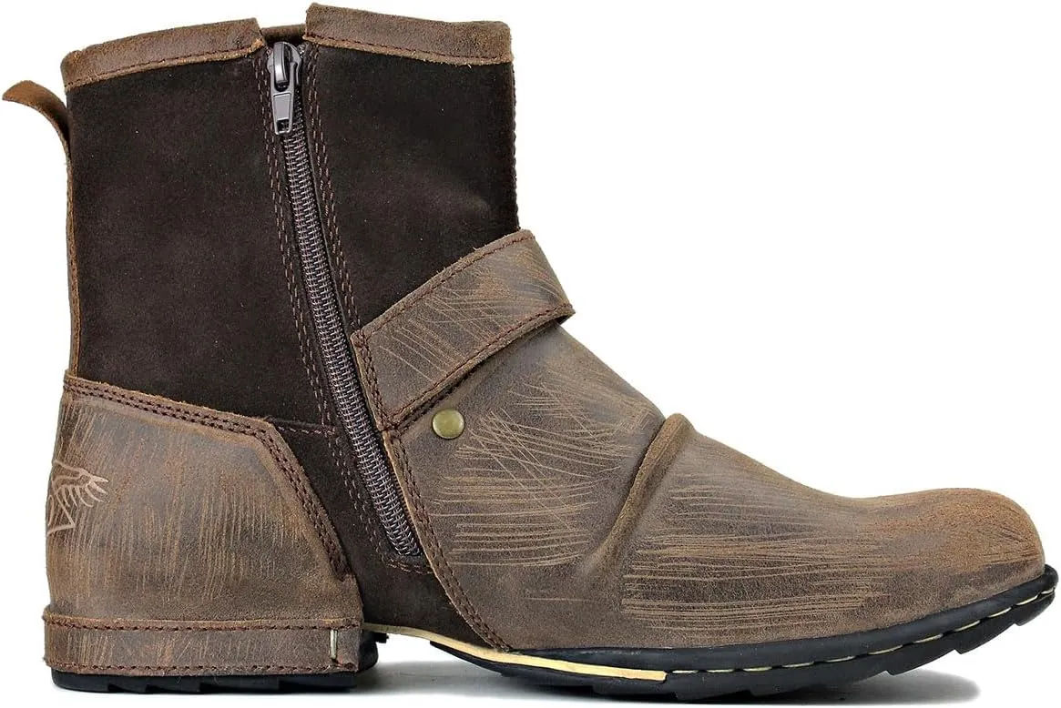 Mens Chukka Biker Cowboy Stylish Motorcycle Combat Hiking Fashion Casual Cowhide Leather Ankle Side Zipper Boots 5008-1-DD1D2