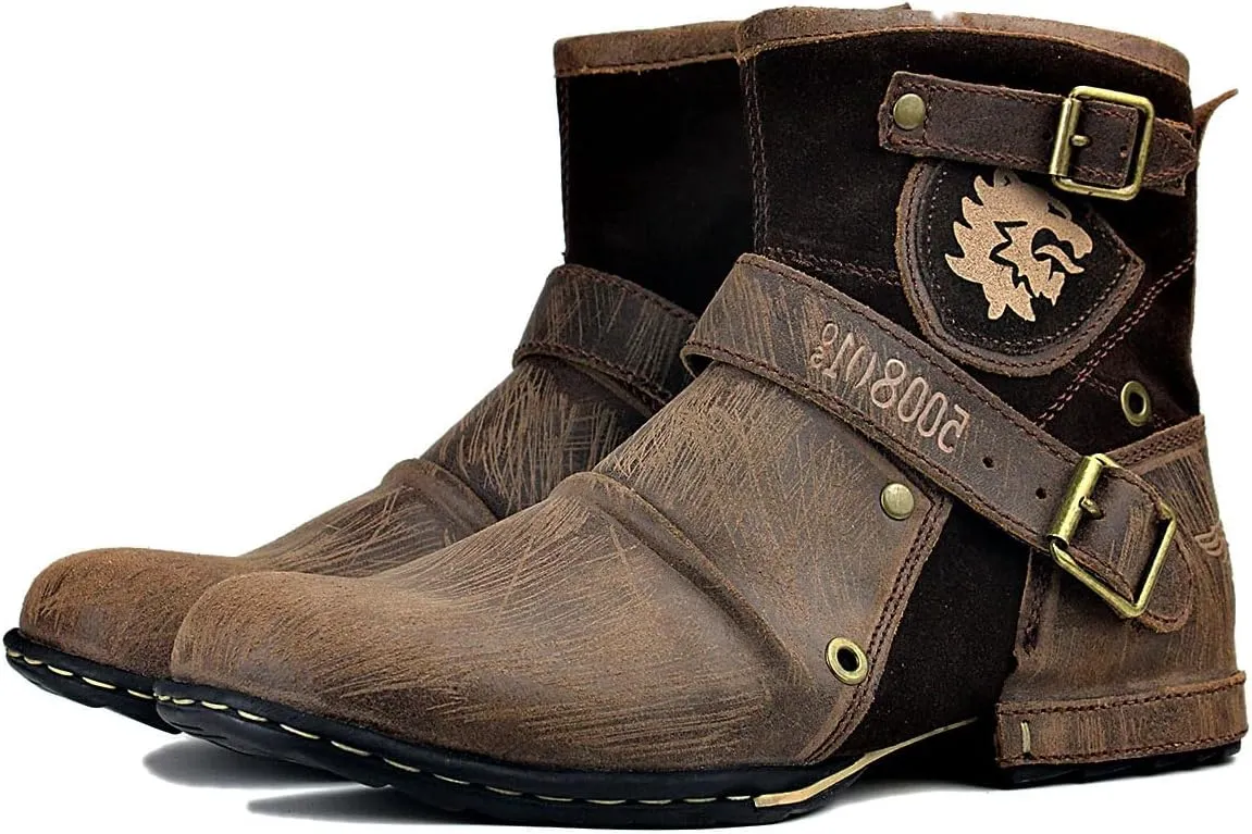 Mens Chukka Biker Cowboy Stylish Motorcycle Combat Hiking Fashion Casual Cowhide Leather Ankle Side Zipper Boots 5008-1-DD1D2