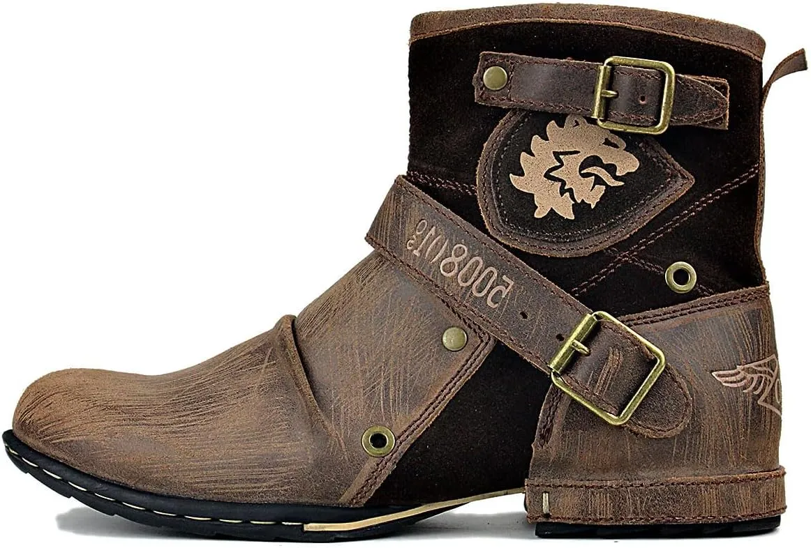 Mens Chukka Biker Cowboy Stylish Motorcycle Combat Hiking Fashion Casual Cowhide Leather Ankle Side Zipper Boots 5008-1-DD1D2