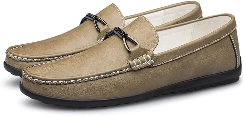 Mens Leather Loafers Slip-On Casual Shoes Flats Fashion Black Khaki Beige