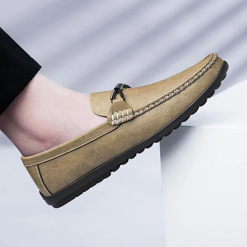 Mens Leather Loafers Slip-On Casual Shoes Flats Fashion Black Khaki Beige