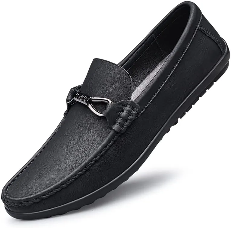 Mens Leather Loafers Slip-On Casual Shoes Flats Fashion Black Khaki Beige