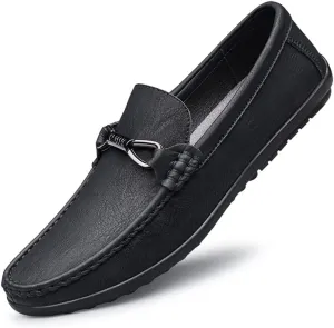 Mens Leather Loafers Slip-On Casual Shoes Flats Fashion Black Khaki Beige