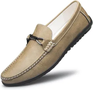Mens Leather Loafers Slip-On Casual Shoes Flats Fashion Black Khaki Beige