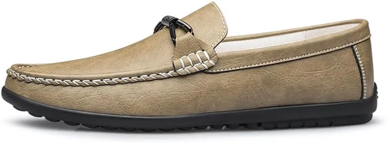 Mens Leather Loafers Slip-On Casual Shoes Flats Fashion Black Khaki Beige