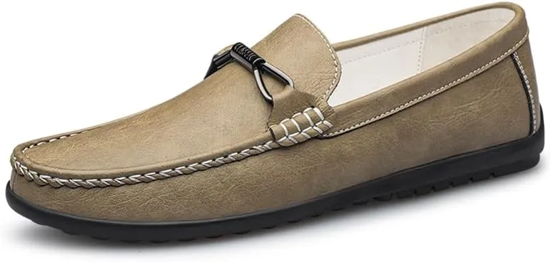 Mens Leather Loafers Slip-On Casual Shoes Flats Fashion Black Khaki Beige