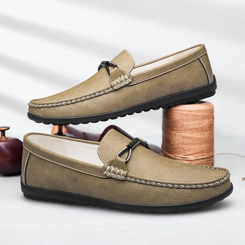 Mens Leather Loafers Slip-On Casual Shoes Flats Fashion Black Khaki Beige