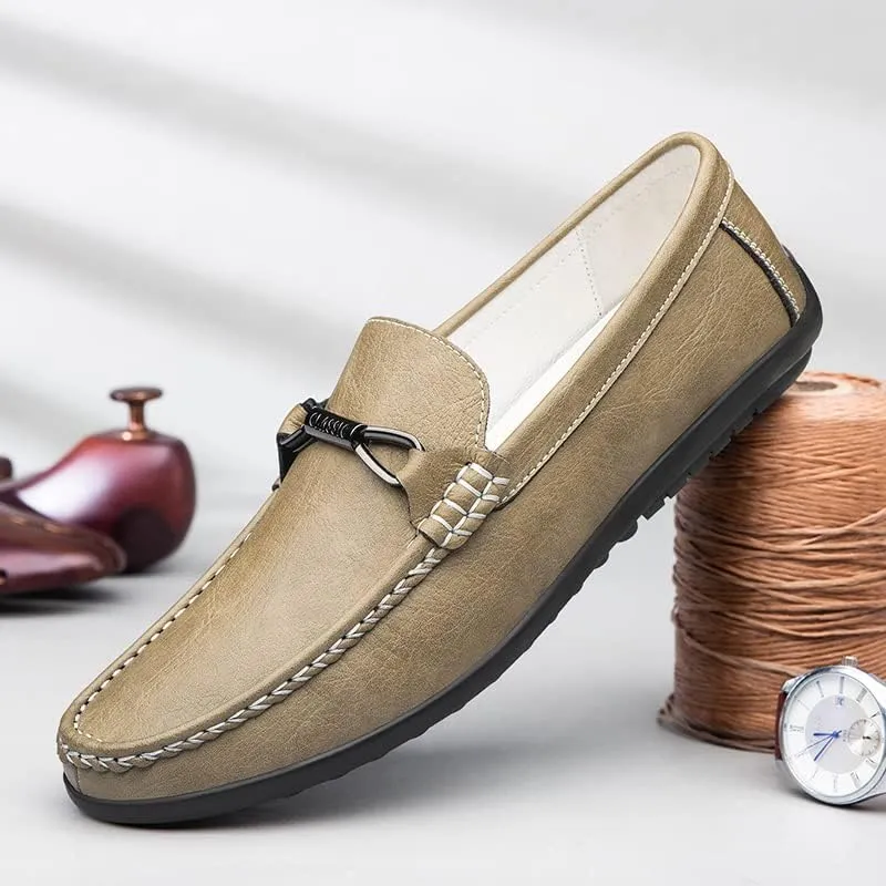 Mens Leather Loafers Slip-On Casual Shoes Flats Fashion Black Khaki Beige