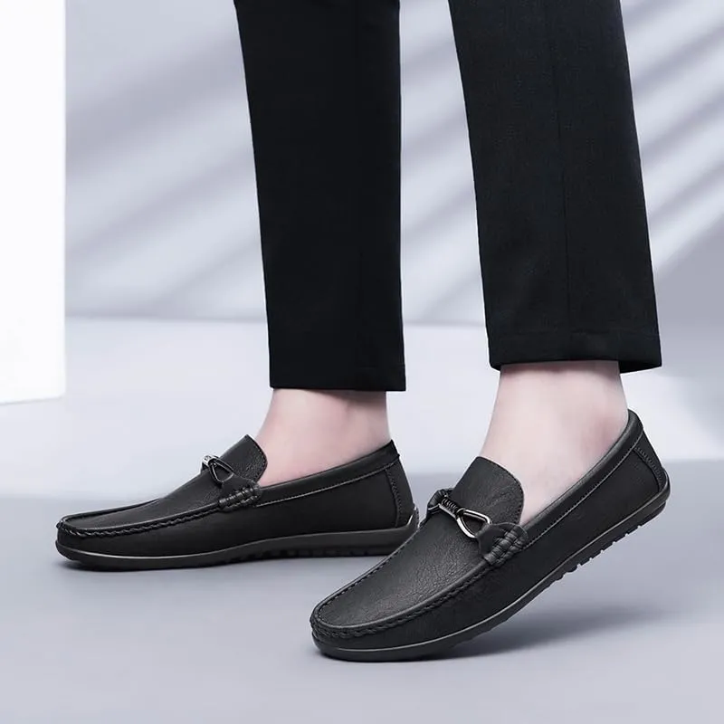 Mens Leather Loafers Slip-On Casual Shoes Flats Fashion Black Khaki Beige