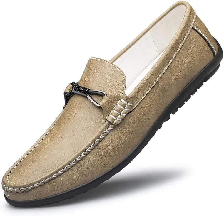 Mens Leather Loafers Slip-On Casual Shoes Flats Fashion Black Khaki Beige
