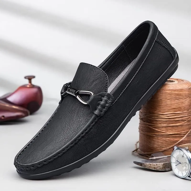 Mens Leather Loafers Slip-On Casual Shoes Flats Fashion Black Khaki Beige