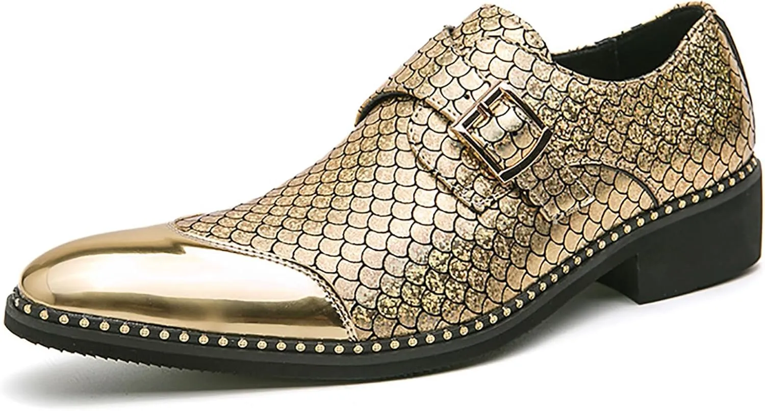 Men's Leather Printing Chunky Heel Monk Buckle Loafers Fashion Classic Pointed Toe Slip On Formal Business Dress Oxford Shoes for Business Wedding Party
