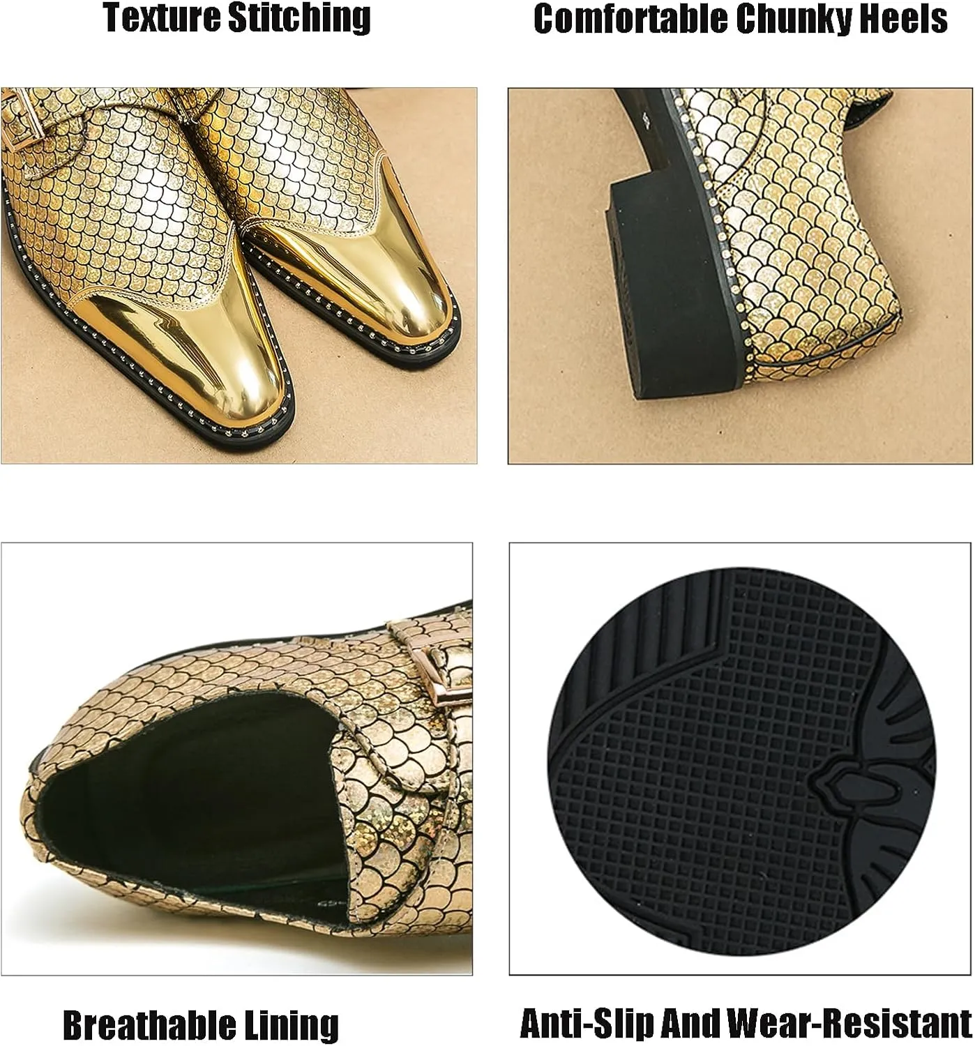 Men's Leather Printing Chunky Heel Monk Buckle Loafers Fashion Classic Pointed Toe Slip On Formal Business Dress Oxford Shoes for Business Wedding Party