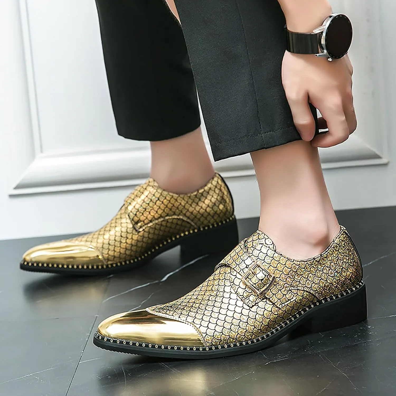 Men's Leather Printing Chunky Heel Monk Buckle Loafers Fashion Classic Pointed Toe Slip On Formal Business Dress Oxford Shoes for Business Wedding Party