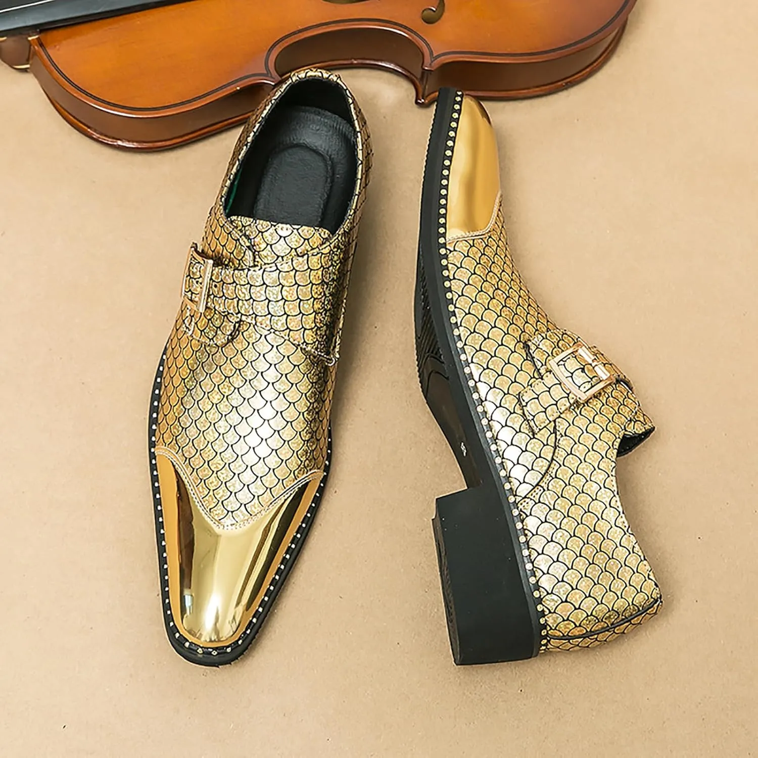 Men's Leather Printing Chunky Heel Monk Buckle Loafers Fashion Classic Pointed Toe Slip On Formal Business Dress Oxford Shoes for Business Wedding Party